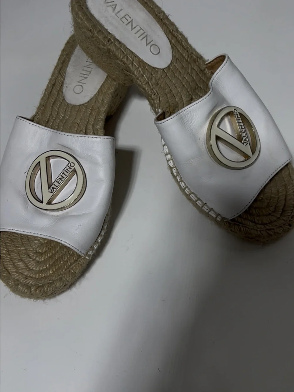 Valentino White Leather Espadrille Slide Sandals with Logo Medallions